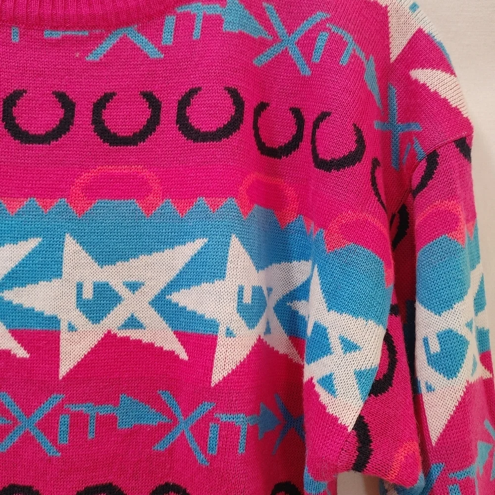 Summit Country Vintage Sweater Wool Blend Pink Blue‎ Western Star Neon Ski Large - Picture 5 of 7